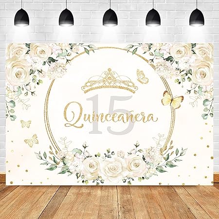 Photo 1 of  Homewelle Quinceañera Backdrop 7Wx5H Feet Polyester Fabric Mis Quince 15 Anos Birthday Party Decorations Supplies for Girl Princess White Floral Gold Crown Butterfly Photography Background Props