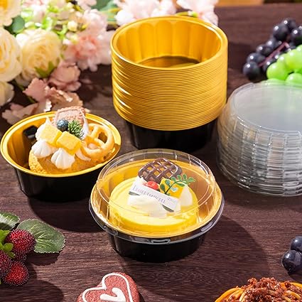 Photo 1 of 100 Pack Disposable Ramekins with Lids 8 oz Creme Brulee Ramekin Aluminum Foil Cup Cupcake Liner for Baking Disposable Muffin Tin Pan Cheesecake Container for Catering Wedding Party (Black, Gold)