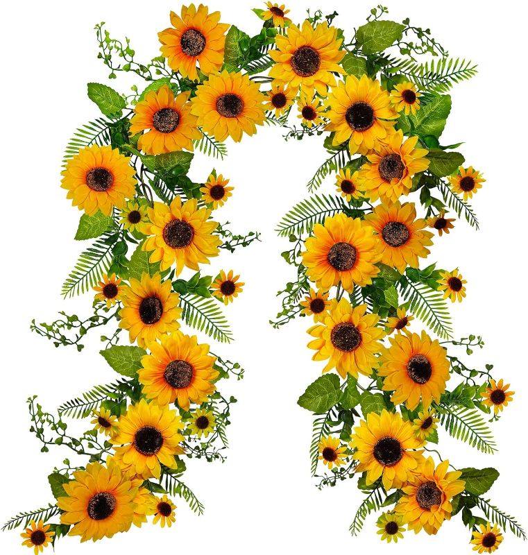 Photo 1 of Winlyn 6' Long Artificial Sunflower Garland Hanging Sunflower Vine Greenery Garland with 49 Pcs Sunflower Heads for Fall Autumn Holiday Wedding Arch Home Mantel Doorway Table Backdrop Decoration
