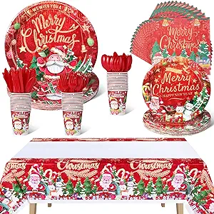 Photo 1 of 169 Pcs Christmas Party Supplies Xmas Dinnerware Set Christmas Decor Tableware Kit Disposable Plates Forks Spoons Cups Napkins and Plastic Tablecloths for Merry Christmas Party Decorations, Serve 24 