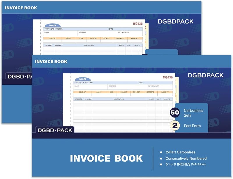 Photo 1 of DGBDPACK Invoice Book 2 Pack, 2 Part Carbonless Invoices, White/Canary, 9 x 5-9/16 Inches, 50 Units per Book 