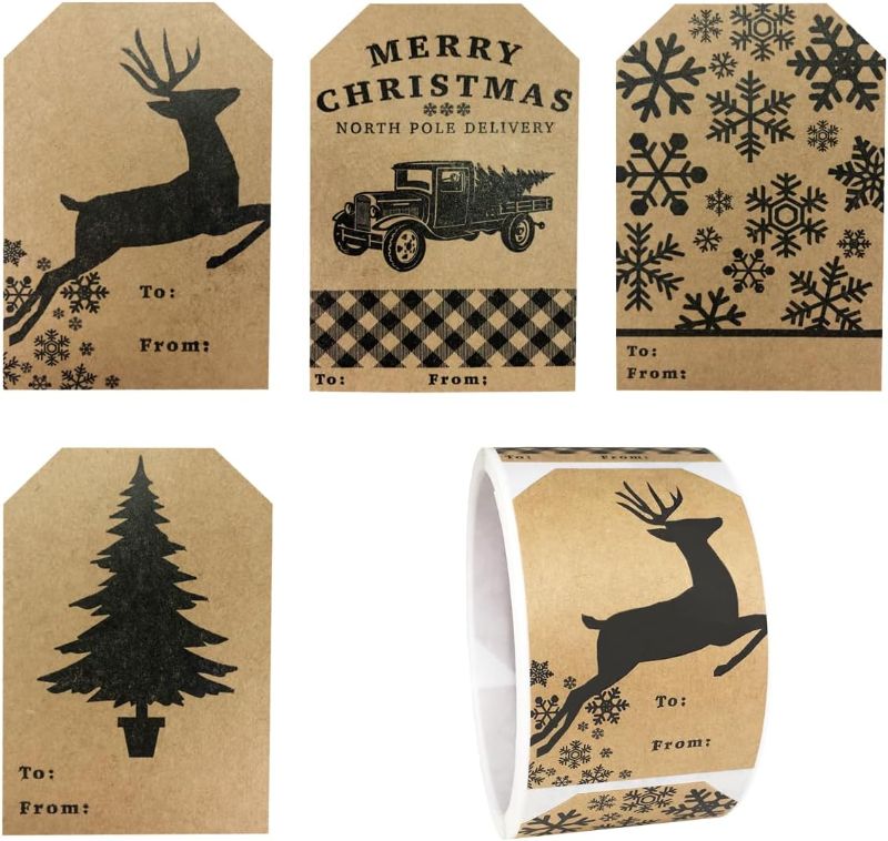 Photo 1 of Natural Kraft Gift Tags Holiday Present Stickers 4 Different Designs 2 x 3 Inch 100 Total Labels
