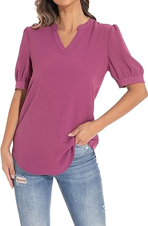 Photo 1 of GUANYY Women's Loose V-Neck Puff Sleeve Tunic, Soft and Comfortable Casual Shirt Large