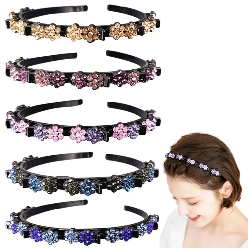 Photo 1 of GeoGeoDIY 5 Pieces Flower Crystal Hair Band for Women Hairpin Headbands Double Layer Twist Plait Headband with Clips Hollow Woven Headband Hair Accessories for Women Girls 