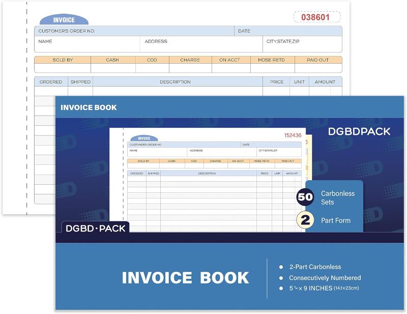 Photo 1 of DGBDPACK Invoice Book 1 Pack, 2 Part Carbonless Invoices, White/Canary, 9 x 5-9/16 Inches, 50 Units per Book 