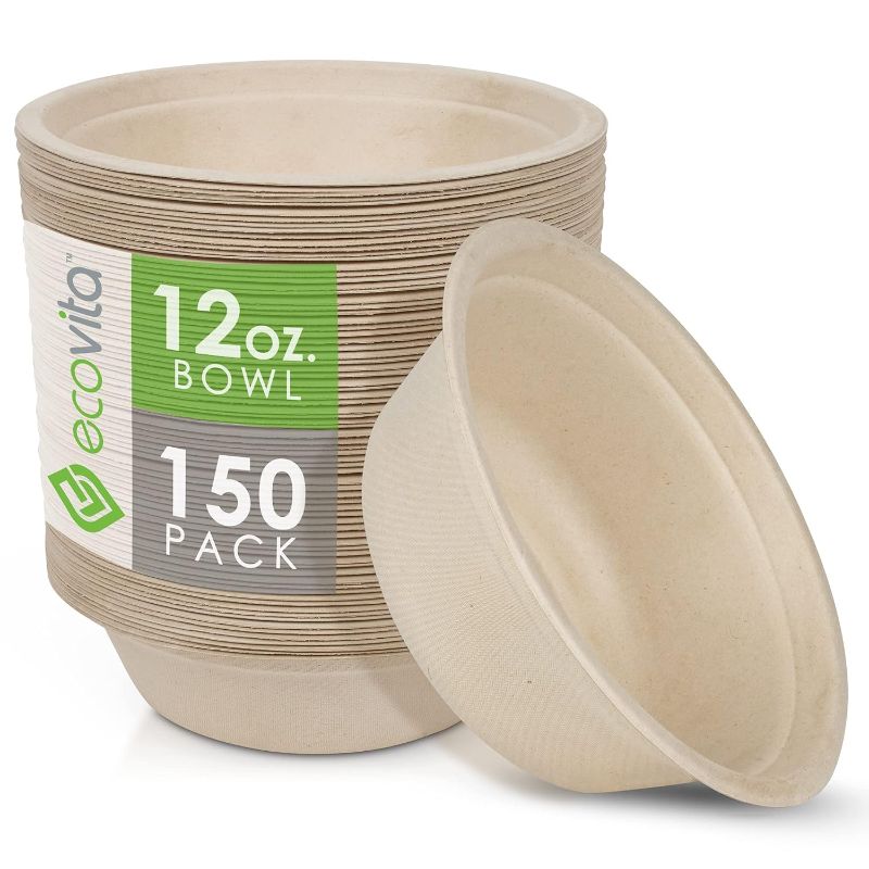 Photo 1 of 100% Compostable Paper Bowls [12 oz.] – 150 Disposable Bowls Eco Friendly Sturdy Tree Free Liquid and Heat Resistant Alternative to Plastic or Paper Bowls
