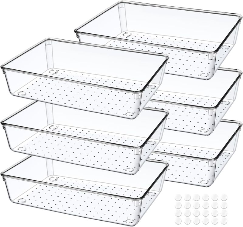 Photo 1 of 6 Pack Drawer Organizers, Plastic Clear Acrylic Non Slip Non Cracking kitchen drawer organizer Stackable Bathroom Drawer Organizer Trays, Storage Bins for Makeup, Bathroom, Kitchen Office
