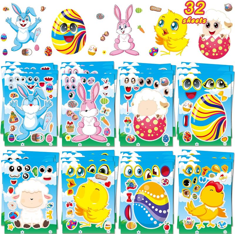 Photo 1 of 32 Sheets Easter Stickers for Kids,Make Your Own Easter Stickers for Child Easter Egg Farm Animal Rabbit Chicks,DIY Sticker Activities Party Favor Supplies Easter Crafts Gifts for Kids Classroom 