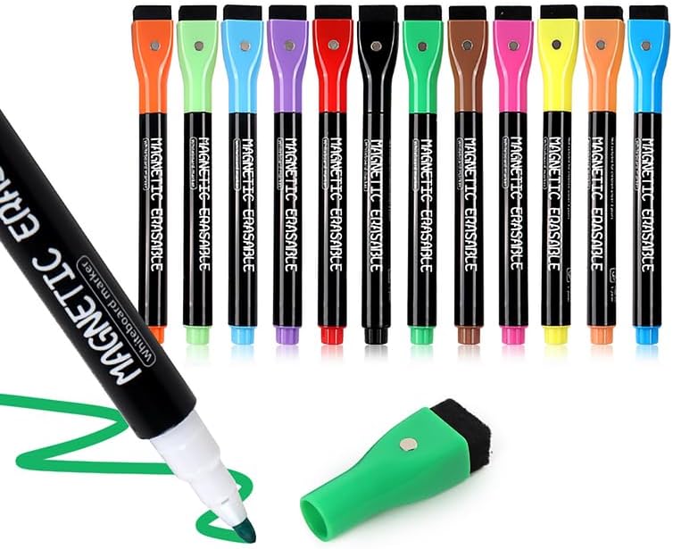 Photo 1 of Whiteboard Pens Whiteboard Markers Erasable, 12 Colors Magnetic Dry Erase Markers, Fine Tip Magnetic Marker Pens with Eraser, Dry Wipe Markers, Low-Odor, Non-Toxic
