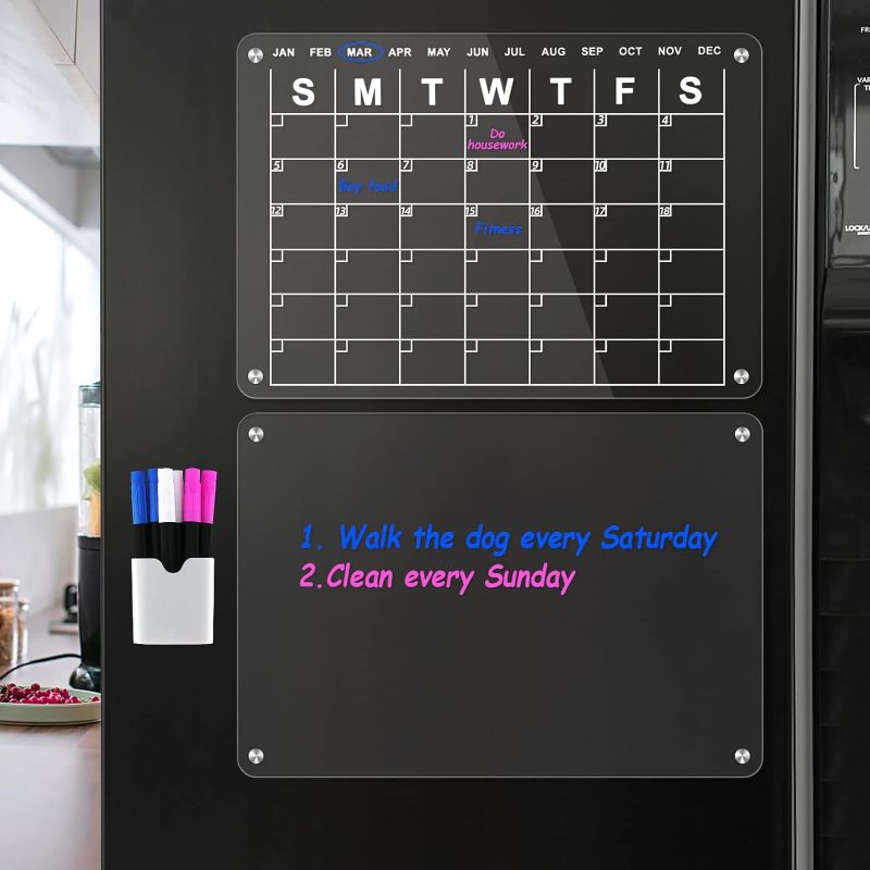 Photo 1 of 2 Set Acrylic Magnetic Dry Erase Board Calendar for Fridge,17”x12" Clear Memo Board for Fridge,Reusable Dry Erase Memo Board Whiteboard Calendar with 6 Markers and Pen Holder