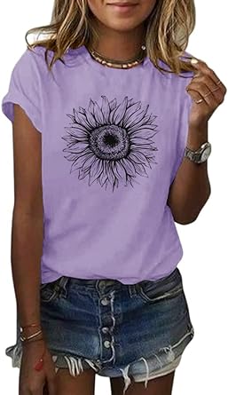 Photo 1 of Cicy Bell Women's T Shirts Short Sleeve Tees Sunflower Graphic Loose Summer Tops Large