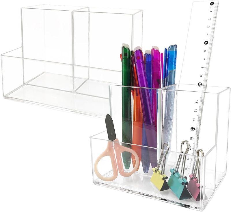 Photo 1 of QPEY 2 Pack Acrylic Pen Holder,Sticky Notes Holder, Acrylic Makeup Brush Holder,Clear Desk Organizer 3 Compartments,Pencil Holder for Desk 