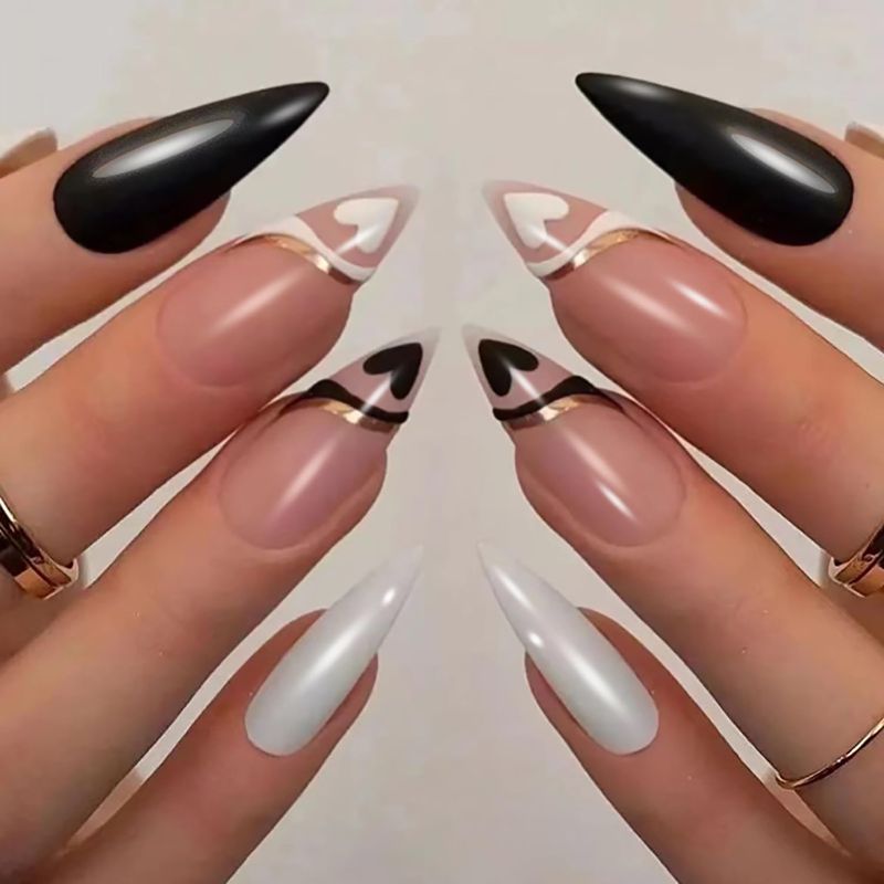 Photo 1 of 24 Pcs Valentines Press on Nails Long Almond Fake Nails Nude Pink Full Cover False Nails with Heart ? Lines Designs Stick on Nails Reusable Nails for Women Girls Valentines Nails 