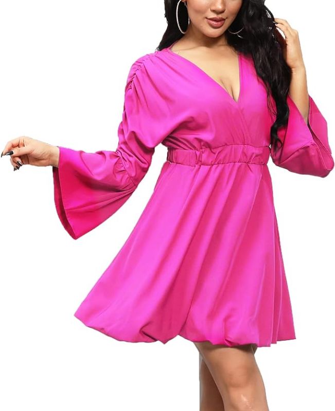 Photo 1 of XL Volemo Flowy Dress for Women Fit and Flare Cute Bell Sleeve Party Sundress V Neck Short Dresses
