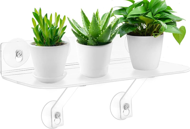 Photo 1 of 15 Inch Suction Cup Shelf for Plants Window, 6IN Extra Wide with Load-Bearing Brackets Window Shelf for Plants, Acrylic Window Sill Extender for Growing Herbs, Micro Vegetables, Succulents, Clear
