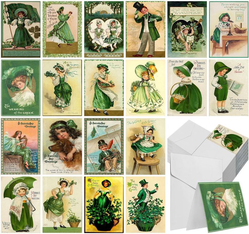 Photo 1 of 200 Pack Vintage St Patrick's Day Cards with Envelope Shamrock Irish St Patrick's Day Greeting Cards Green Shamrock Assorted Cards Boxed for St Patrick's Day Party Favor, 20 Designs, 4 x 6 Inch
