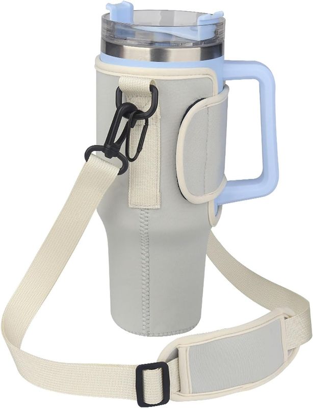 Photo 1 of Water Bottle Carrier Bag for 40oz Stanley Cup with Hand,Bottle Pouch Holder with Adjustable Shoulder Strap,Water Bottle Holder for Hiking Travelling Camping(Light Gray)
