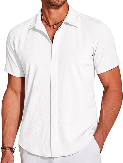 Photo 1 of COOFANDY Men's Casual Short Sleeve Button Down Summer Beach Shirt Lightweight Textured Wrinkle Free Stretch Shirts
