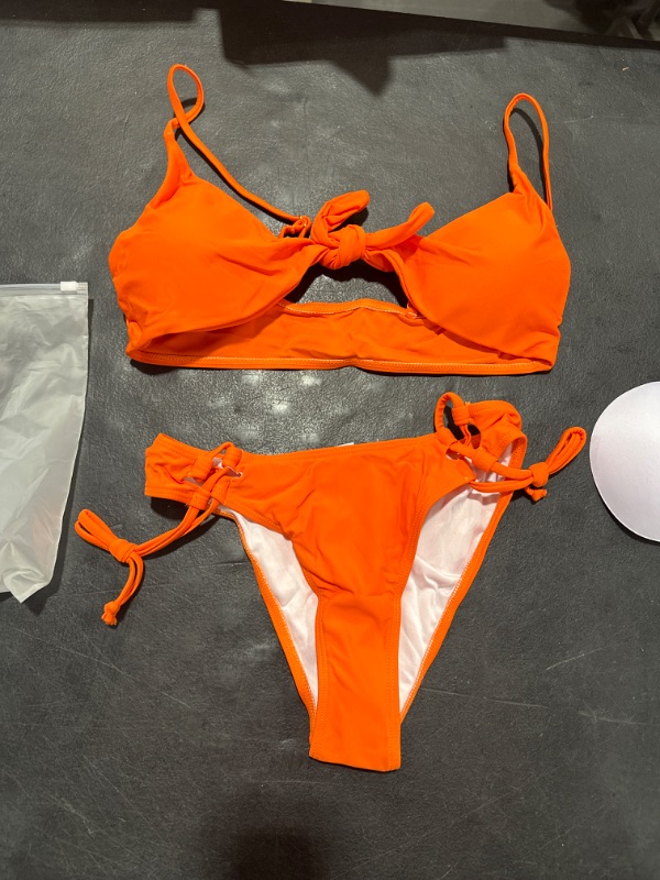 Photo 1 of SOULSHE Sexy Bikinis for Women 2 Piece Bikini Spaghetti Strap Swimsuits Front Knot Tie Swimwear Triangle Bathing Suit Orange
