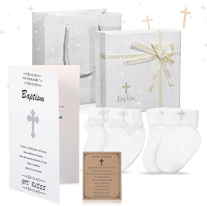 Photo 1 of Baby Shower White Christening Socks for Baby Girls Boys with Cross Embroidery, Greetings Baptism Card Poem Card with Packaging Box Gift Bags for Newborn First Communion Baptism
