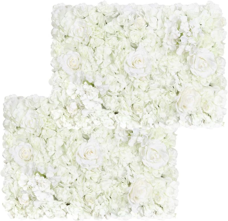 Photo 1 of Pauwer Artificial Flower Wall Panels 2 Pack of 16 x 24" Flower Wall Mat Silk Rose Flower Panels for Backdrop Wedding Wall Decorations (White)