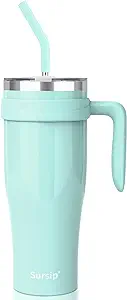 Photo 1 of Sursip 50 oz Mug Tumbler with Handle, Double Wall Vacuum Stainless Steel Tumbler with Straw and 2 Lids, Keeps Drinks Cold up to 24 Hours - Leak Proof, Dishwasher Safe, Fit Car Cup Holder (Mint Green)