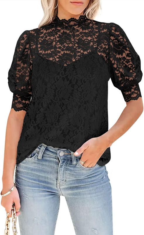Photo 1 of DOROSE Womens Lace Tops Dressy Casual Puff Short Sleeve Floral Summer Blouses Shirts