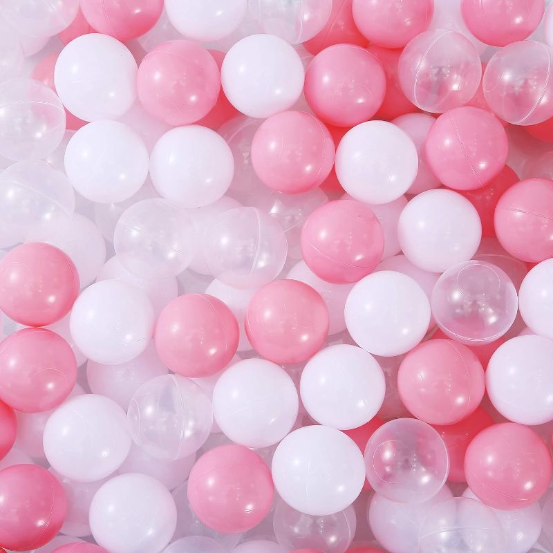 Photo 1 of Ball Pit Balls for Kids, 100 pcs 2.15 Inches Small Size Thicken Soft Plastic Crush Proof Ball Pit Balls BPA Phthalate Free Baby Toddler Toy Ball with 3 Color White Clear and Pink
