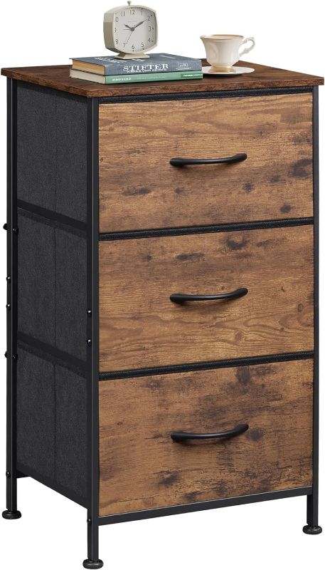 Photo 1 of WLIVE Dresser with 3 Drawers, Fabric Nightstand, Organizer Storage Dresser for Bedroom, Hallway, Entryway, Closets, Sturdy Steel Frame, Wood Top, Easy Pull Handle, Rustic Brown Wood Grain Print
