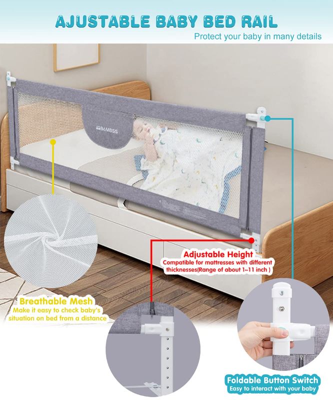 Photo 1 of MBQMBSS Bed Rails for Toddlers - 60 70 80 Inch Extra Long Baby Bed Rail Guard with Y-Strap for Kids Twin,Double,Full Size Queen & King Mattress (Gray/White) (1Side: 80 Inch(L) X30(H))
