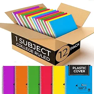 Photo 1 of 5 Subject Notebook College Ruled, 12 Pack, Durable Thick Water Resistant Cover Spiral Notebook, No-Bleed 300 Pages/Book (150 Sheets), 8 x 10-1/2, 3 Hole, Assorted Colors, Bulk School