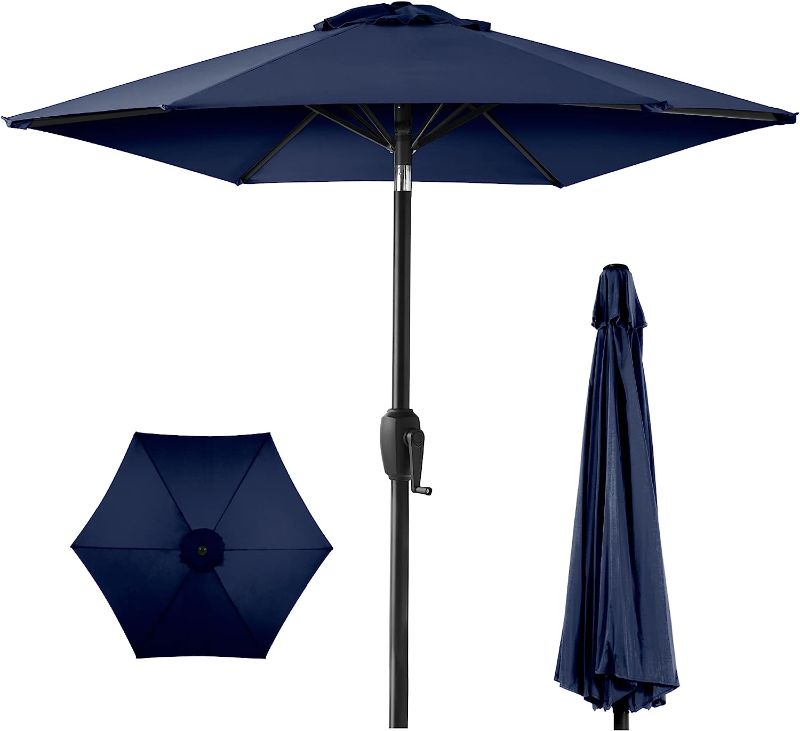 Photo 1 of  7.5ft Heavy-Duty Round Outdoor Market Table Patio Umbrella w/Steel Pole, Push Button Tilt, Easy Crank Lift - Navy Blue
