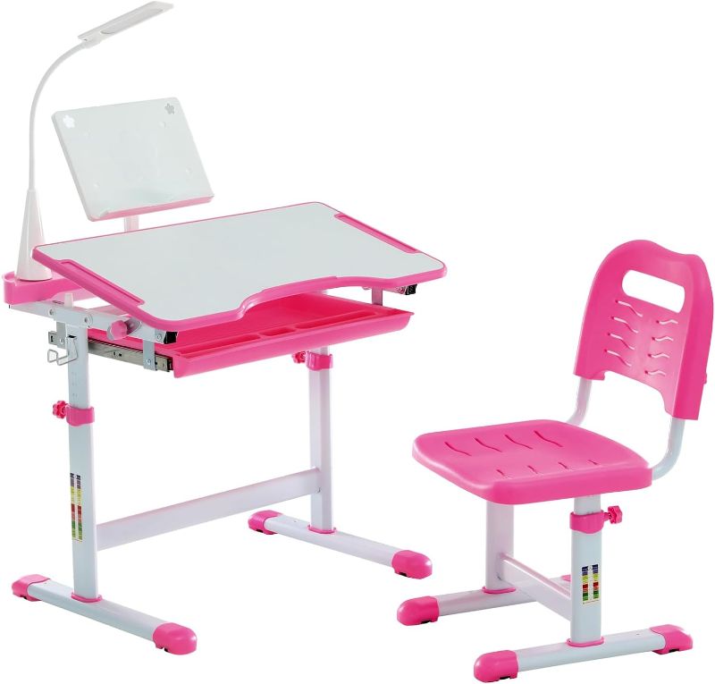 Photo 1 of Kids Functional Desk and Chair Set, Height Adjustable Children School Study Desk with Tilt Desktop, Book Stand, LED Light, Metal Hook and Storage Drawer for Boys Girls(Pink)
