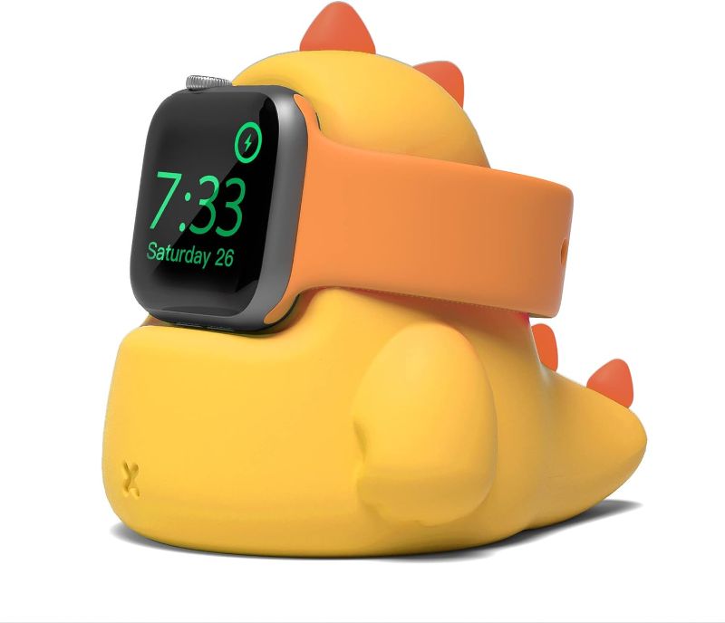 Photo 1 of Charger Stand Silicone Dock Holder for Apple Watch Series 8/Ultra/SE2/7/6/SE/5/4/3/2/1 (49/45/44/42/41/40/38mm),Dinosaur iWatch Charging Dock,Supports Nightstand Mode,Yellow
