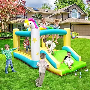 Photo 1 of Step4Fun Inflatable Bounce House, Air Jumping Castle with Wide Slide for Kids Outdoor/Indoor, Big Bouncy House for Toddlers Gift with Hoop, Dart Game, Ring toss, Air Blower