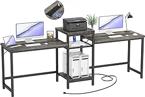 Photo 1 of Unikito Two Person Desk, Home Office Desk with Power Outlet and Printer Stand, Double Computer Desk with Open Storage Shelf, Double Gaming Computer Desk, Extra Long Table, Writing Study Desk, Gray Oak
