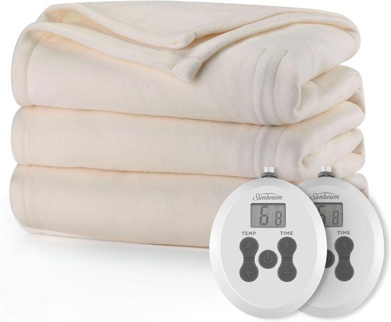 Photo 1 of Sunbeam Royal Ultra Fleece Heated Electric Blanket Queen Size, 90" x 84", 12 Heat Settings, 12-Hour Selectable Auto Shut-Off, Fast Heating, Machine Washable, Warm and Cozy, Cream
