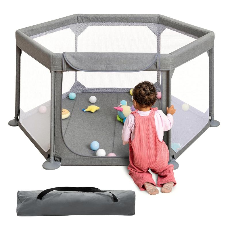 Photo 1 of BABELIO Baby Playpen with Soft, Fully Hemmed Design, 47" x 45" Portable Play Yard for Babies and Toddlers, Indoor & Outdoor Sturdy Safety Baby Fence with Breathable Mesh (Gray)
