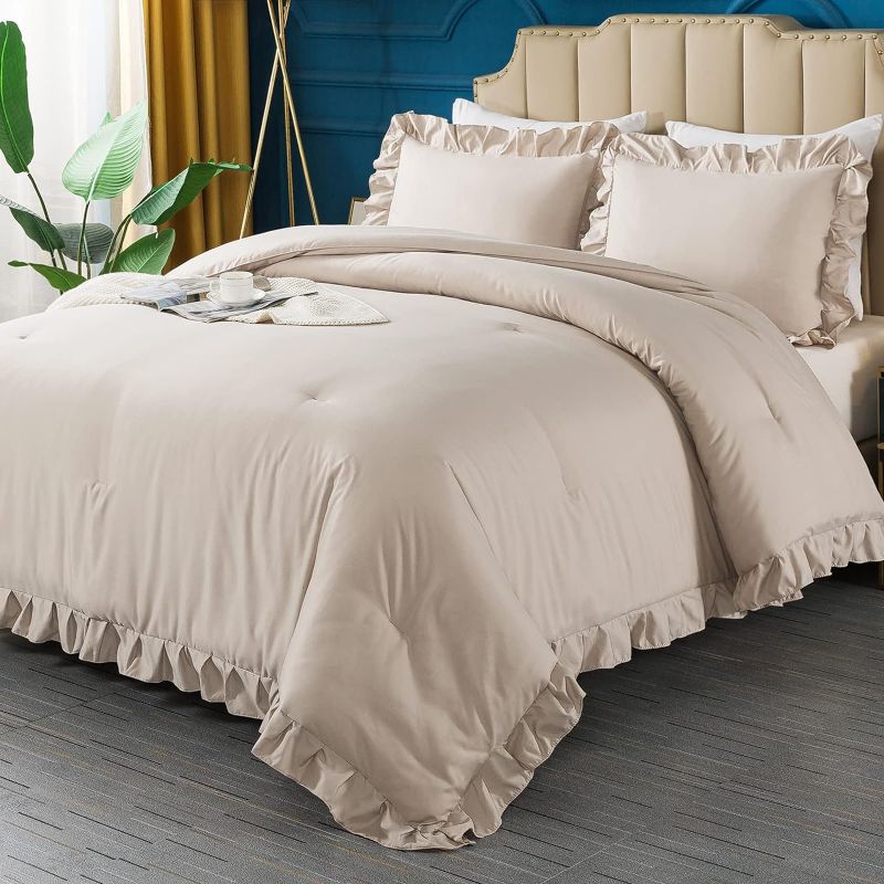 Photo 1 of Andency Khaki Queen Comforter Set, 3 Pieces Farmhouse Shabby Chic Bedding Set for Queen Bed, All Season Soft Lightweight Microfiber Bed Set for Men Women
