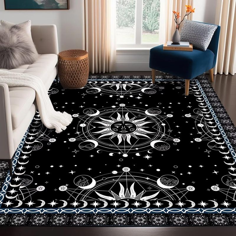 Photo 1 of Sun and Moon Rug Boho Celestial Area Rugs for Bedroom Dorm Living Room Bohemian Occult Crescent Solar Stars Galaxy Floor Mat Pad Doormat Carpet, SIZE UNKNOWN
