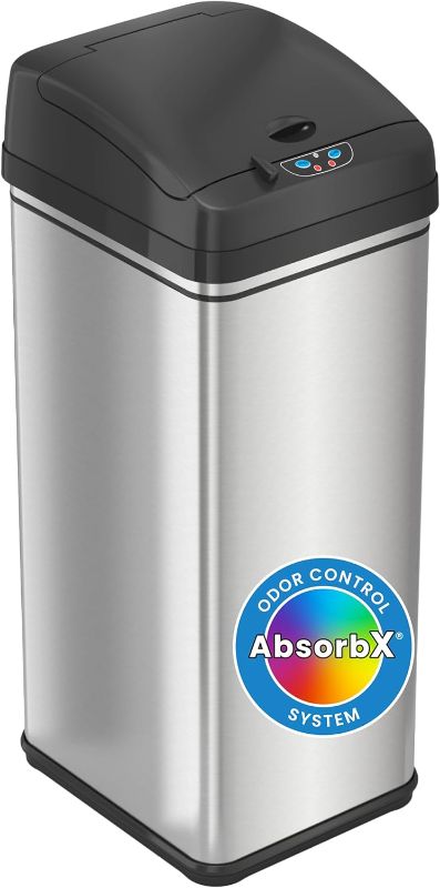 Photo 1 of iTouchless 13 Gallon Stainless Steel Kitchen Trash Can with Odor Filter, Powered by Batteries (Not Included) or Optional AC Adapter (Sold Separately), Original Stainless Steel
