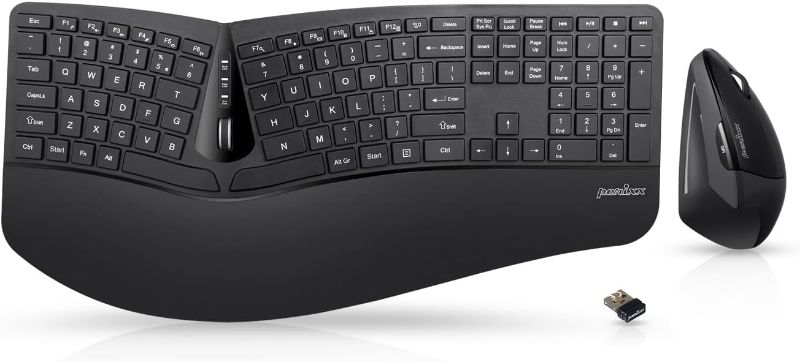 Photo 1 of Perixx Periduo-605, Wireless Ergonomic Split Keyboard and Vertical Mouse Combo, Adjustable Palm Rest and Membrane Low Profile Keys, Black, US English Layout (11633)
