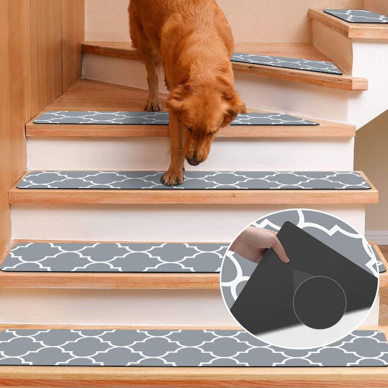Photo 1 of GOYLSER Rubber Stair Treads Non Slip, 15 Pack Reusable Staircase Rug Step Carpet Treads, Grey Anti Slip Step Mats Pads, 30x8 inch Stairway Grip Strip Gray
