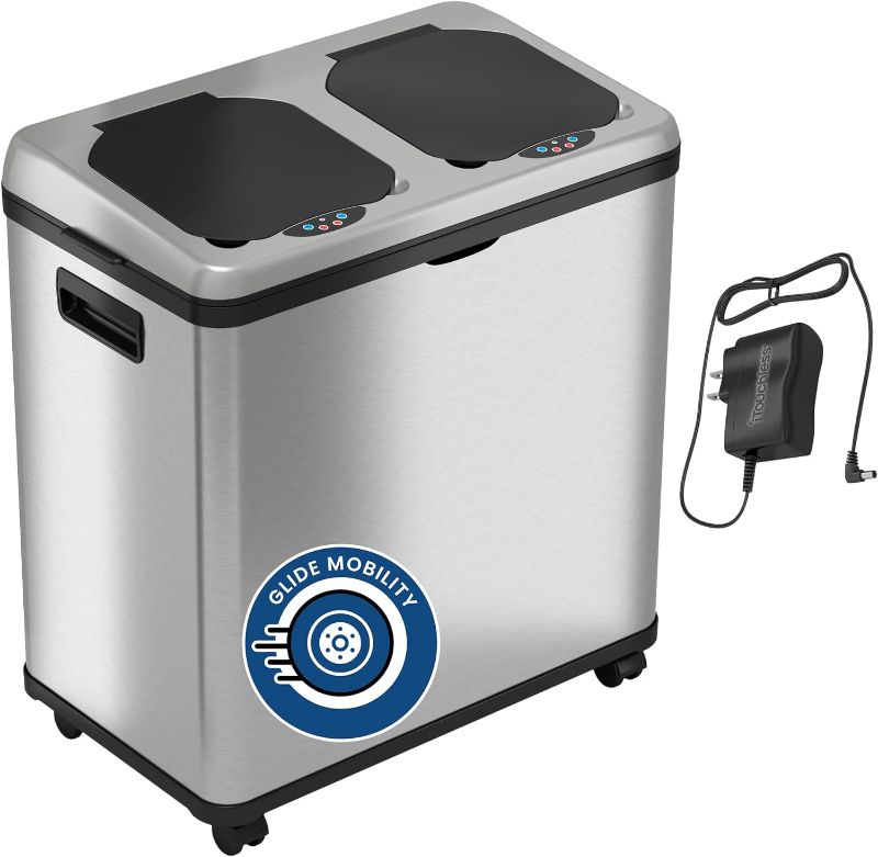 Photo 1 of iTouchless 16 Gallon Touchless Trash Can and Recycle Bin Combo Unit with AC Adapter and Decals, Stainless Steel, 2 X 8 Gallon Removable Buckets with Handles, 61 Liters
