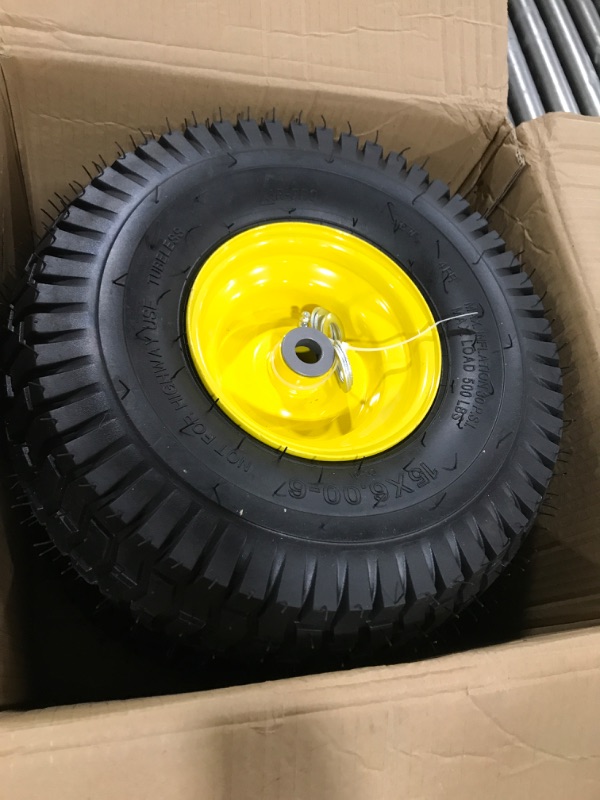 Photo 2 of (2 Pack) 15 x 6.00-6 Tire and Wheel - Replacement 4Ply Lawnmower Tires with Rim Assemblies, with 3" Offset Hub and 3/4" Bushings - Compatible with John Deere Riding Mower, Lawn Tractor (Yellow)
