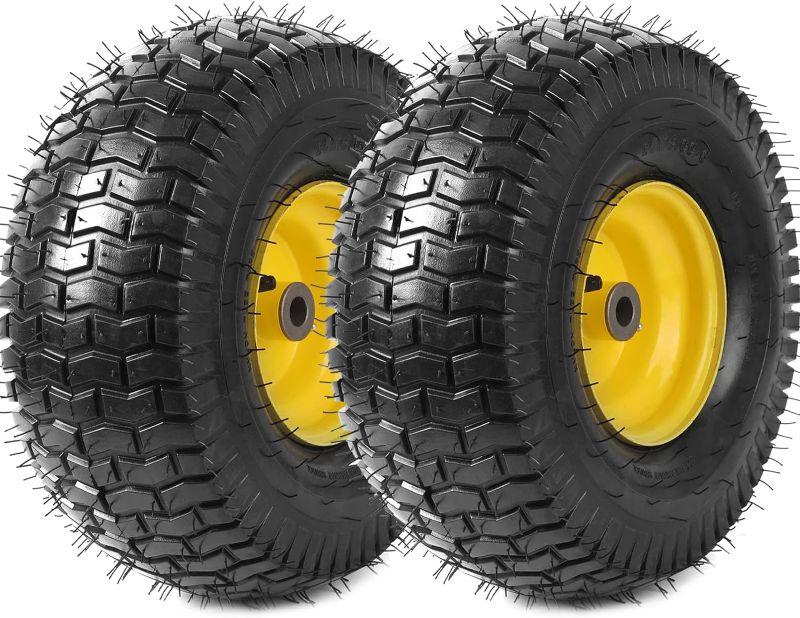Photo 1 of (2 Pack) 15 x 6.00-6 Tire and Wheel - Replacement 4Ply Lawnmower Tires with Rim Assemblies, with 3" Offset Hub and 3/4" Bushings - Compatible with John Deere Riding Mower, Lawn Tractor (Yellow)
