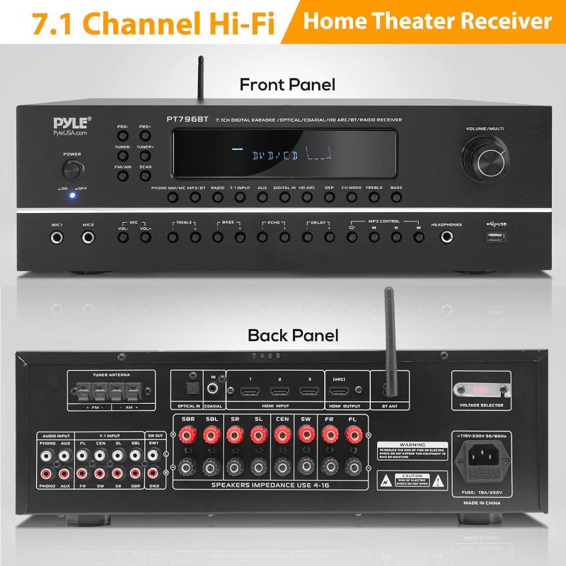 Photo 1 of Pyle 7.1-Channel Hi-Fi Bluetooth Stereo Amplifier - 2000 Watt AV Home Theater Speaker Subwoofer Surround Sound Receiver w/Radio, USB, RCA, HDMI, MIC in, Supports 4K UHD TV, 3D, Blu-Ray -PT796BT
