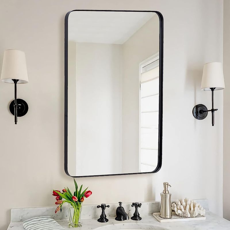 Photo 1 of ANDY STAR Wall Mirror for Bathroom, 24x36 Inch Black Bathroom Mirror, Stainless Steel Metal Frame with Rounded Corner, Rectangle Glass Panel Wall Mounted Mirror Decorative for Bathroom
