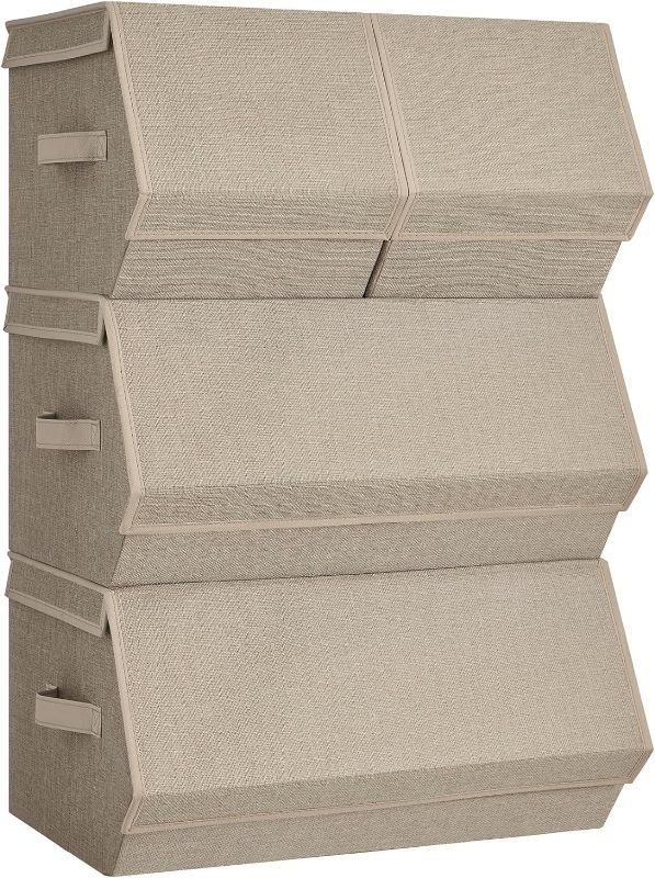 Photo 1 of SONGMICS Set of 4 Stackable Storage Bins with Magnetic Closures, Fabric Storage Boxes with Lids, Storage Containers in Wardrobe Closet, Clothes Organizers, Sand Beige 
