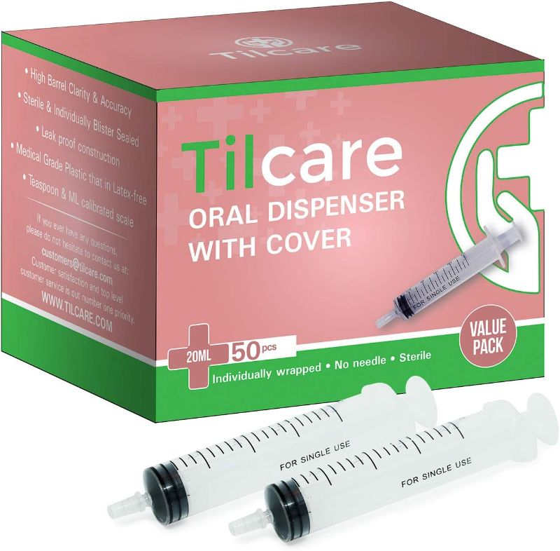 Photo 1 of 20ml Oral Dispenser Syringe with Covers 50 Pack by Tilcare - Sterile Plastic Medicine Food Droppers for Children, Pets or Adults – Latex-Free Oral Medication Dispenser - Large Feeding Tube Syringes
